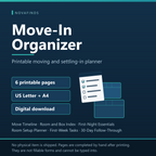 Move-In Organizer cover: a printable set of six pages for planning a move and settling in. Supplied as US Letter and A4 PDFs. Digital download, no physical item is shipped. The pages are printed and completed by hand and are not fillable on screen.