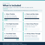 Overview of the six pages: Move Timeline, Room and Box Index, First-Night Essentials, Room Setup Planner, First-Week Tasks and 30-Day Follow-Through. Shown as simplified illustrated layouts, not exact previews of the PDF pages. US Letter and A4, printed and completed by hand, not fillable on screen.