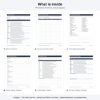 Previews of all six actual US Letter Move-In Organizer pages: Move Timeline, Room and Box Index, First-Night Essentials, Room Setup Planner, First-Week Tasks, and 30-Day Follow-Through. US Letter and A4 PDFs included; print and fill in by hand. Digital download only.