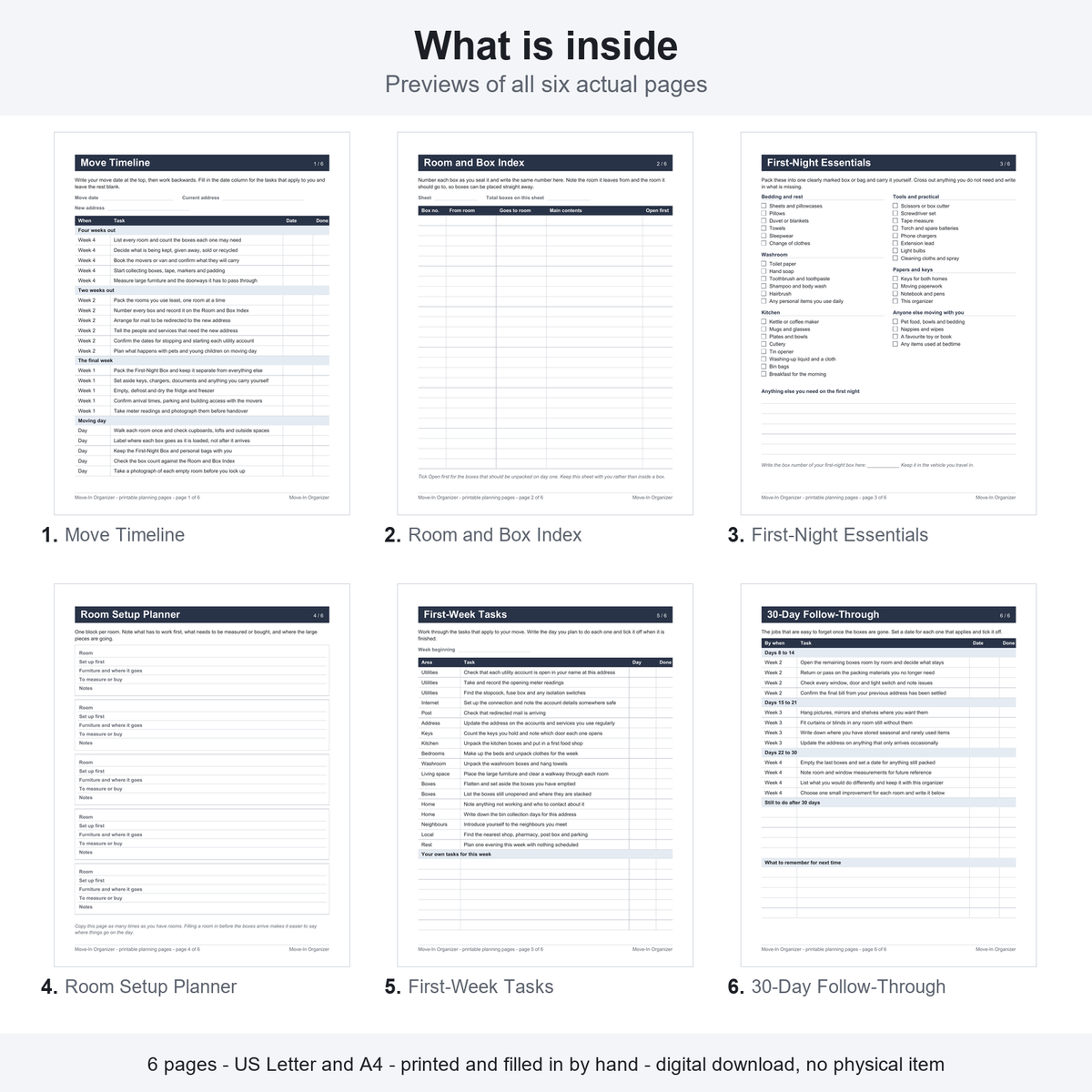 Previews of all six actual US Letter Move-In Organizer pages: Move Timeline, Room and Box Index, First-Night Essentials, Room Setup Planner, First-Week Tasks, and 30-Day Follow-Through. US Letter and A4 PDFs included; print and fill in by hand. Digital download only.