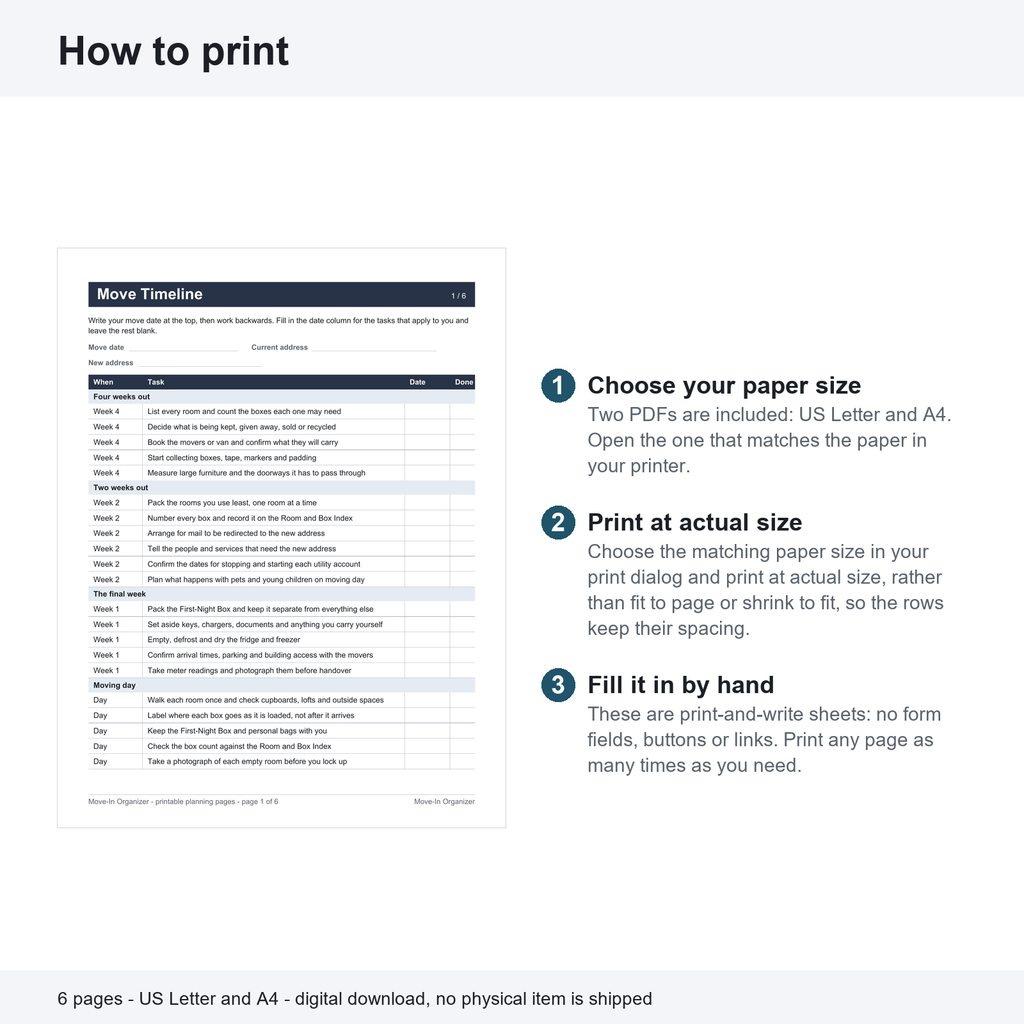 How to print the Move-In Organizer: the Move Timeline page beside three steps—choose US Letter or A4 paper, print at actual size rather than fit to page, and fill in by hand. Six worksheet pages; digital download, no physical item shipped.