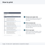 How to print the Move-In Organizer: the Move Timeline page beside three steps—choose US Letter or A4 paper, print at actual size rather than fit to page, and fill in by hand. Six worksheet pages; digital download, no physical item shipped.