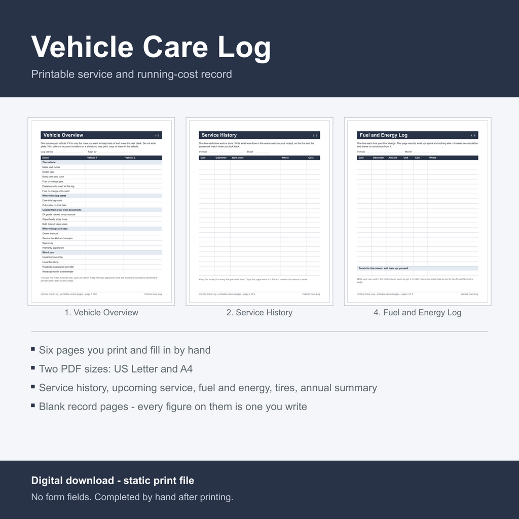 Vehicle Care Log cover: a printable service and running-cost record, showing three of the six pages - Vehicle Overview, Service History and Fuel and Energy Log. Six pages printed and filled in by hand, two PDF sizes in US Letter and A4, blank record pages where every figure is one you write. Digital download, static print file with no form fields, completed by hand after printing.