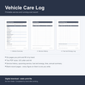 Vehicle Care Log cover: a printable service and running-cost record, showing three of the six pages - Vehicle Overview, Service History and Fuel and Energy Log. Six pages printed and filled in by hand, two PDF sizes in US Letter and A4, blank record pages where every figure is one you write. Digital download, static print file with no form fields, completed by hand after printing.