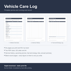 Vehicle Care Log cover: a printable service and running-cost record, showing three of the six pages - Vehicle Overview, Service History and Fuel and Energy Log. Six pages printed and filled in by hand, two PDF sizes in US Letter and A4, blank record pages where every figure is one you write. Digital download, static print file with no form fields, completed by hand after printing.