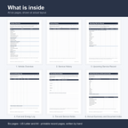 What is inside: all six pages shown at actual layout, numbered and named - Vehicle Overview, Service History, Upcoming Service Record, Fuel and Energy Log, Tire and Service Notes, and Annual Summary and Document Index. Six pages, US Letter and A4, printable record pages written by hand.