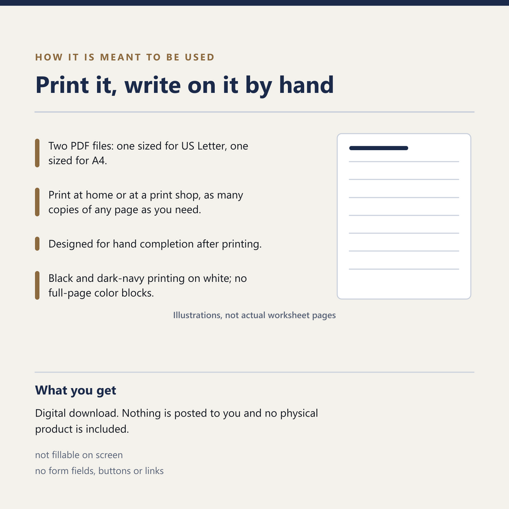 Use and format: six pages in US Letter and A4 PDFs, printed and completed by hand, not fillable on screen. Digital download with no physical item. Shown as illustrated sheets, not actual previews of the worksheets.
