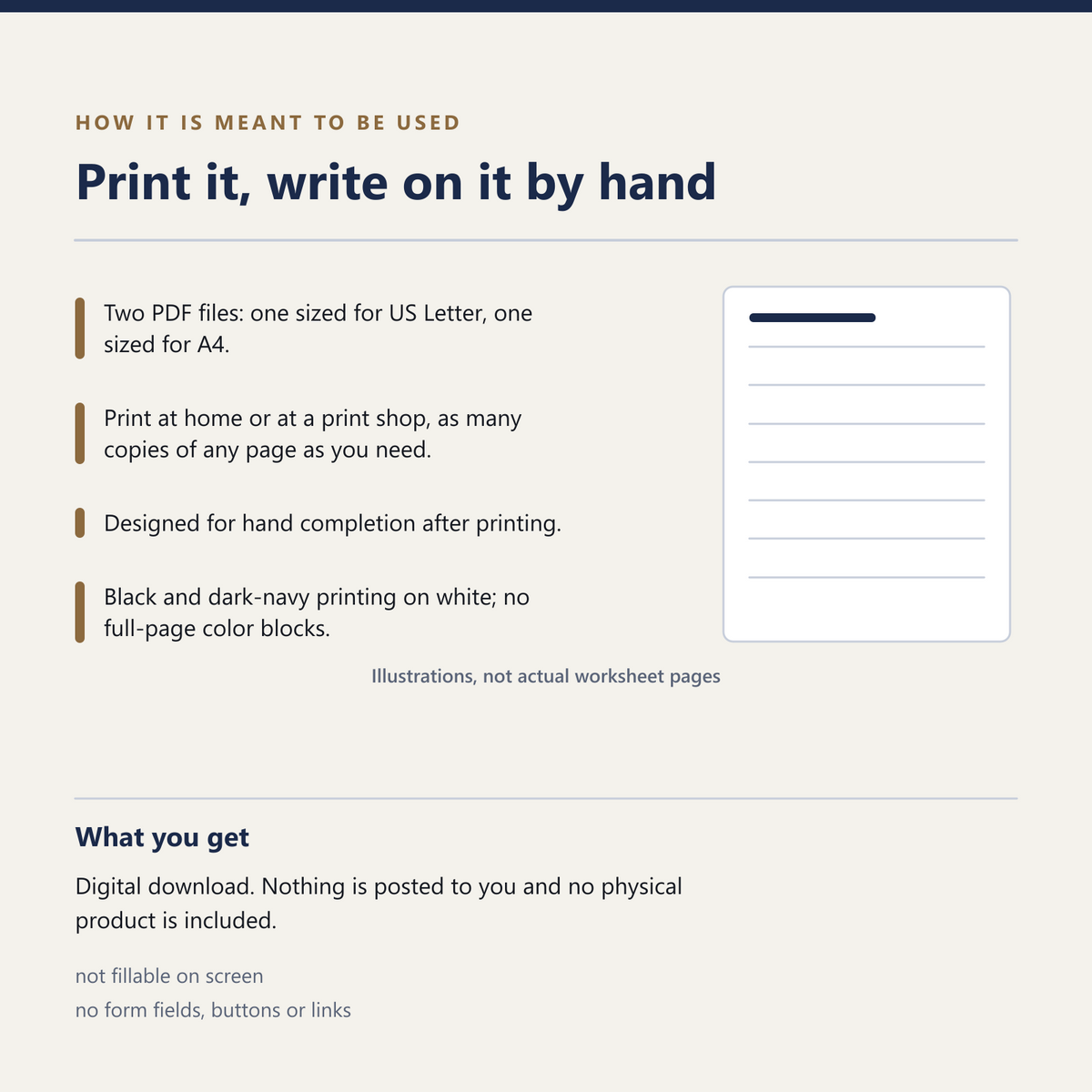Use and format: six pages in US Letter and A4 PDFs, printed and completed by hand, not fillable on screen. Digital download with no physical item. Shown as illustrated sheets, not actual previews of the worksheets.
